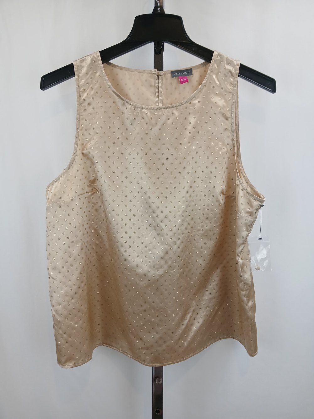 Vince Camuto XL Sleeveless Blouse Gold Tan Metallic Polka Dot Satin Top Keyhole